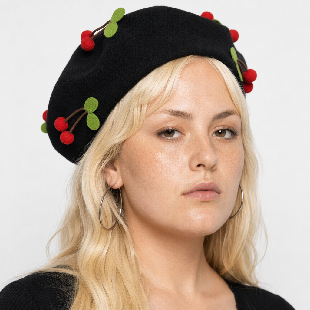 Kawaii Berets for Stylish Lolita Fashion and Accessories Black With Cherries