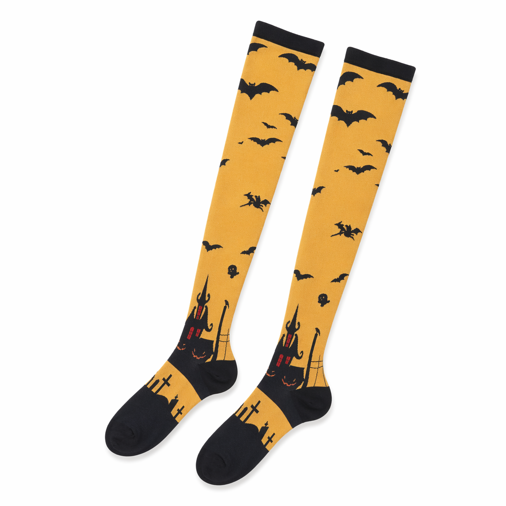 Gothic Halloween Stockings with Spooky Black and Orange Print Haunted House Version
