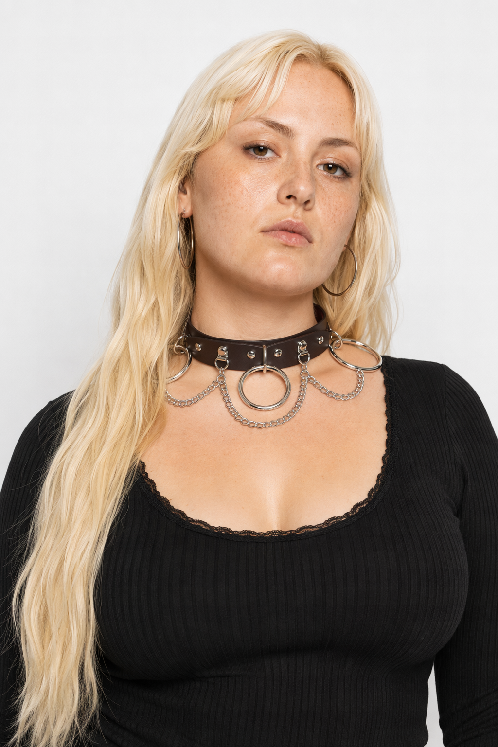Vegan Leather O-Ring Choker Necklace with Silver Hardware Coffee