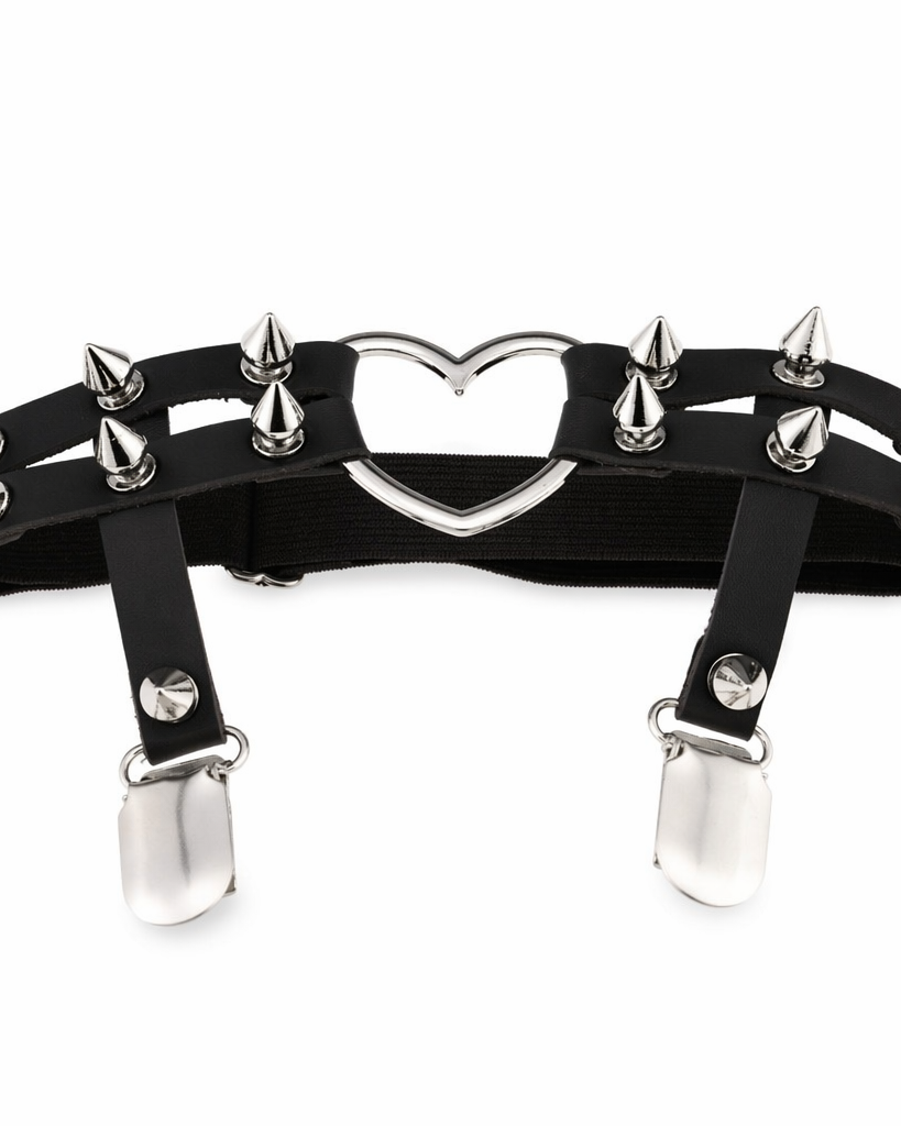 Spiky Garter Belt with Punk Rock Style and Metal Heart Black