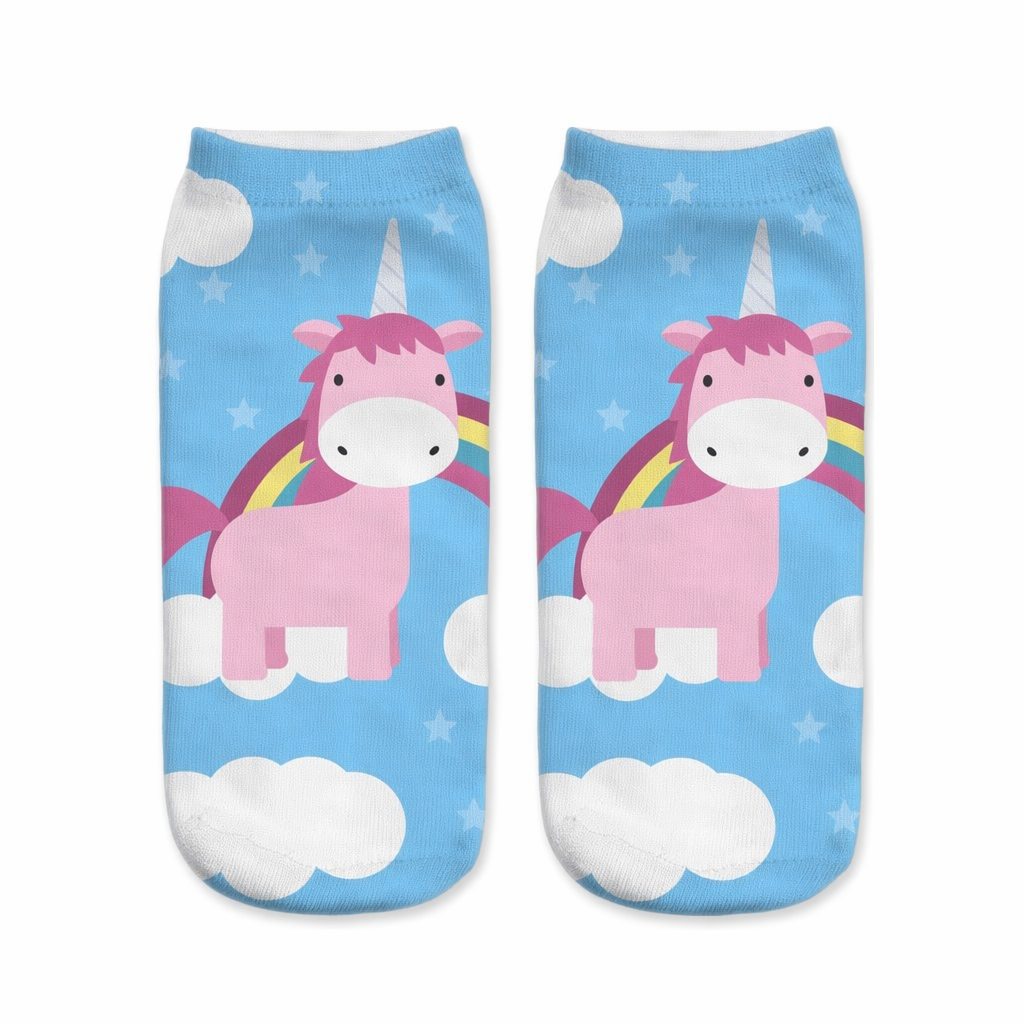 Kawaii Baby Blue Unicorn Ankle Socks with Rainbow and Clouds Default Title