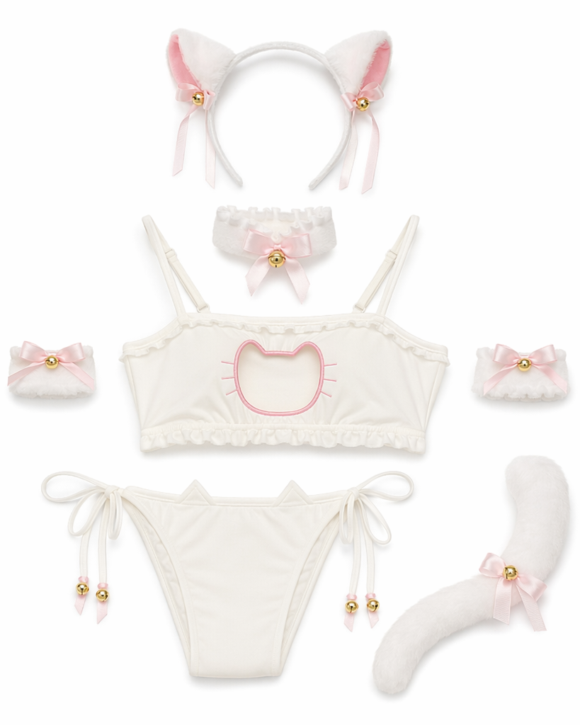 Cute Neko Cat Inspired Lingerie Set with Bikini Bottoms and Accessories White