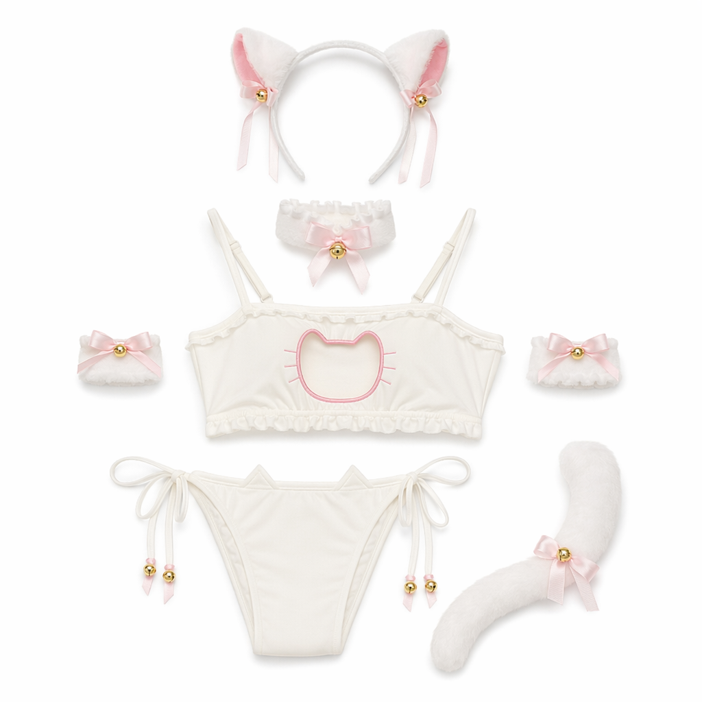 Cute Neko Cat Inspired Lingerie Set with Bikini Bottoms and Accessories White