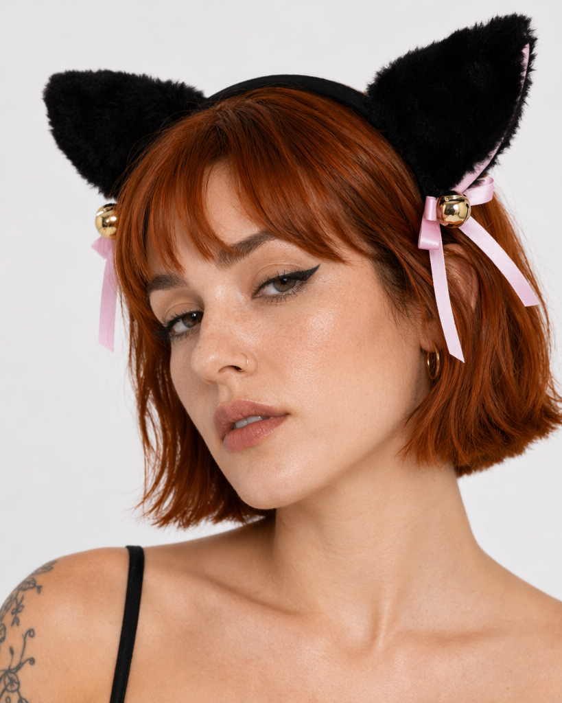 Fuzzy Kitty Cat Ear Headband with Bells and Ribbon Black