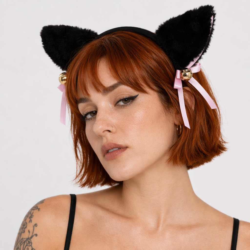 Fuzzy Kitty Cat Ear Headband with Bells and Ribbon Black
