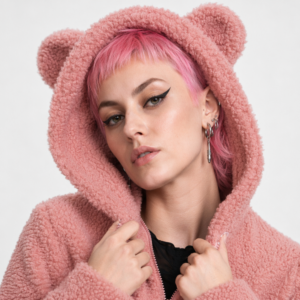 Adorable Vegan Fur Baby Bear Zippered Onesie with Ears Pink