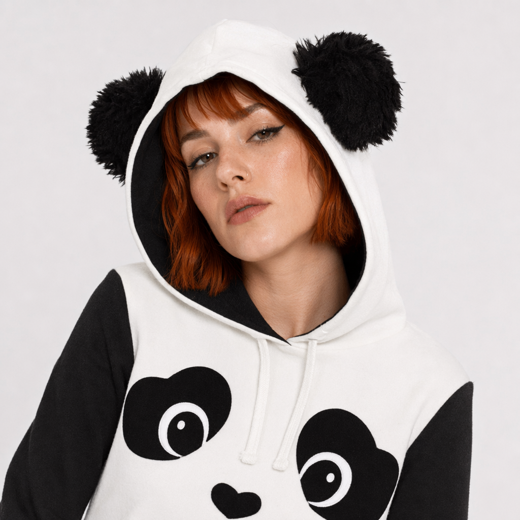 Cute Panda Bear Inspired Hoodie with Fuzzy Ears and Warm Sleeves L