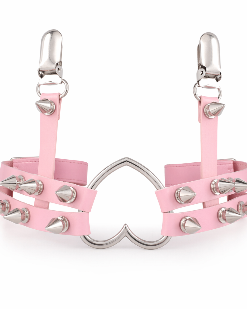 Spiky Garter Belt with Punk Rock Style and Metal Heart Pink