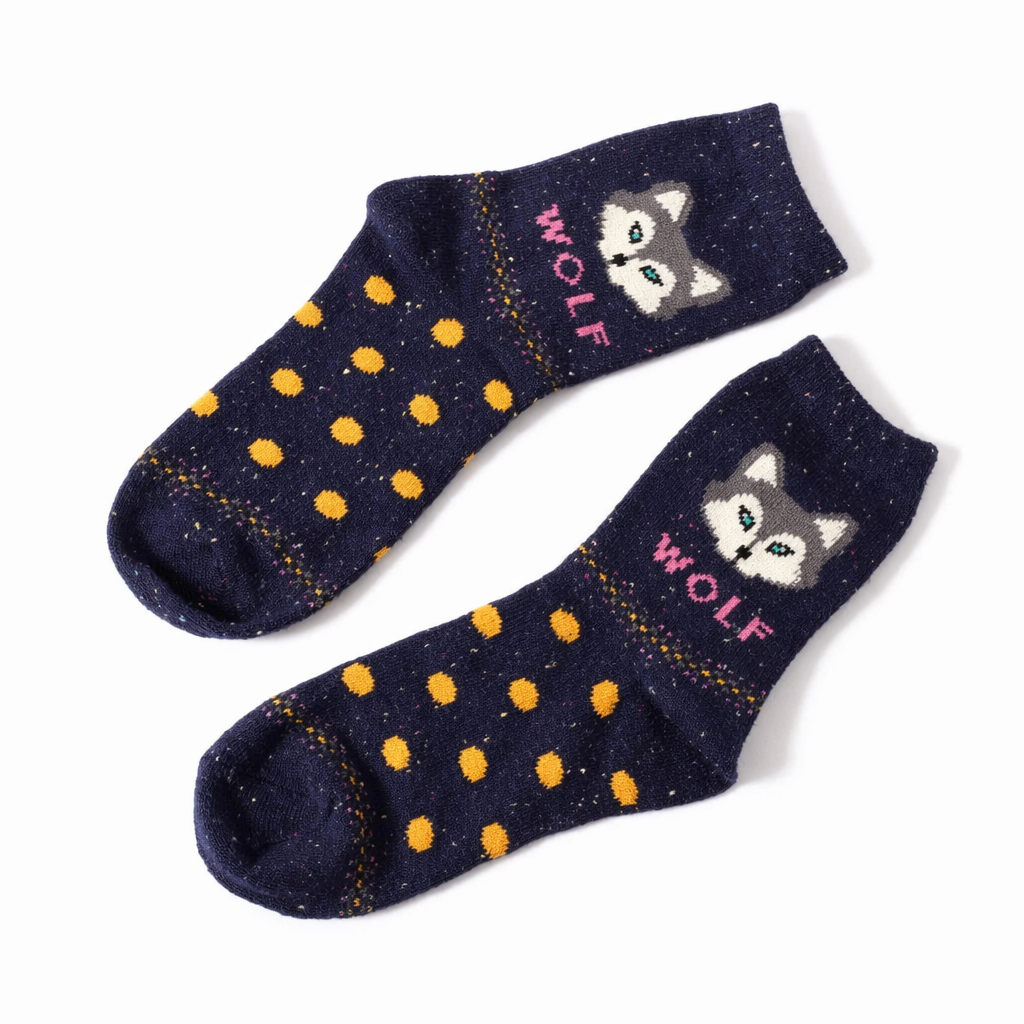 Snow Fox Christmas Socks with Embroidered Design and Vibrant Colors Navy Wolf