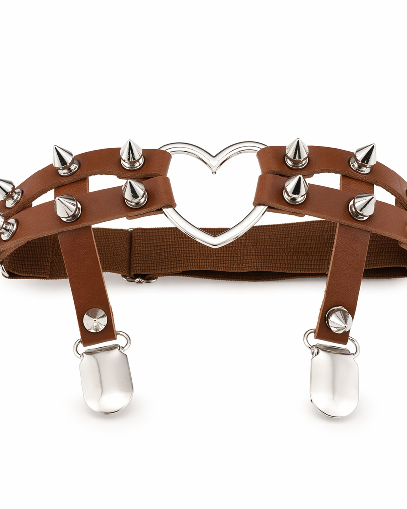 Spiky Garter Belt with Punk Rock Style and Metal Heart Brown