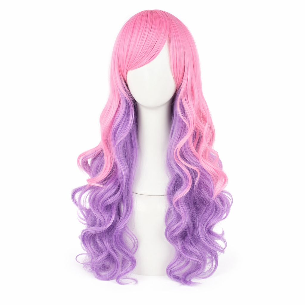 Stunning Long Cosplay Wig with Soft Fringe in Stylish Colors Curly Pink Purple
