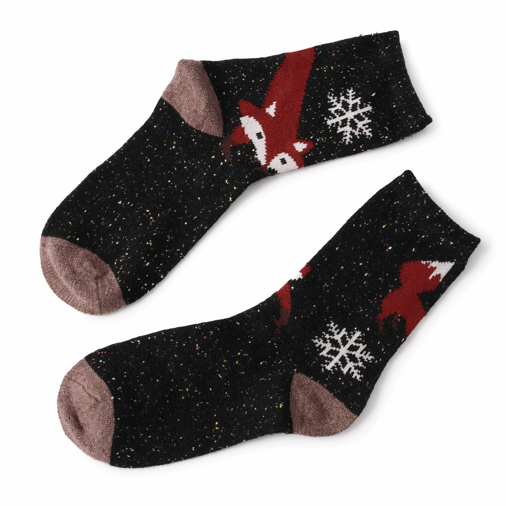 Snow Fox Christmas Socks with Embroidered Design and Vibrant Colors Black Fox Snowflake