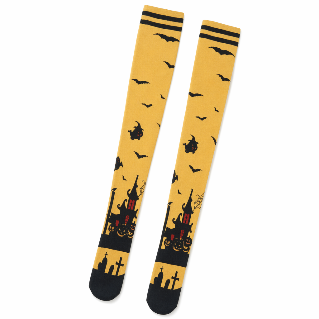 Gothic Halloween Stockings with Spooky Black and Orange Print Striped Version