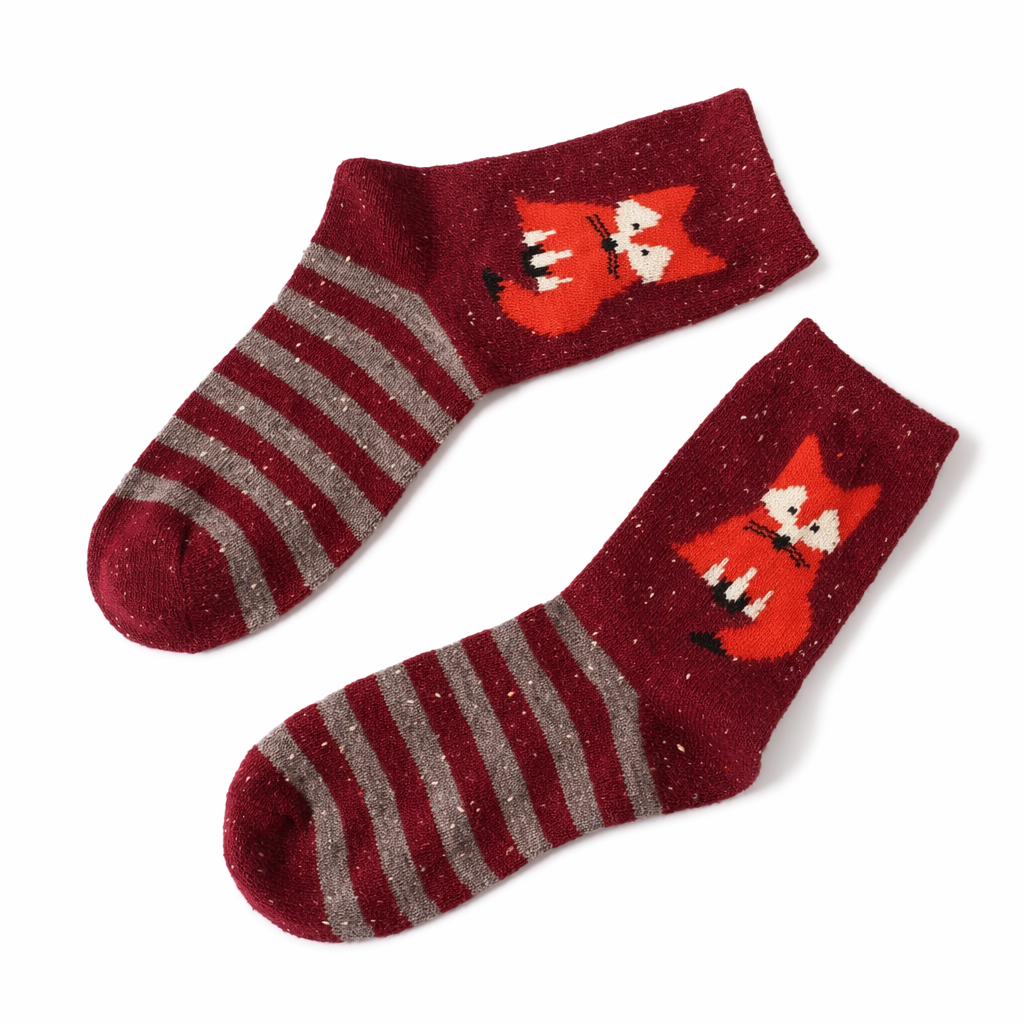 Snow Fox Christmas Socks with Embroidered Design and Vibrant Colors Red Fox Stripes