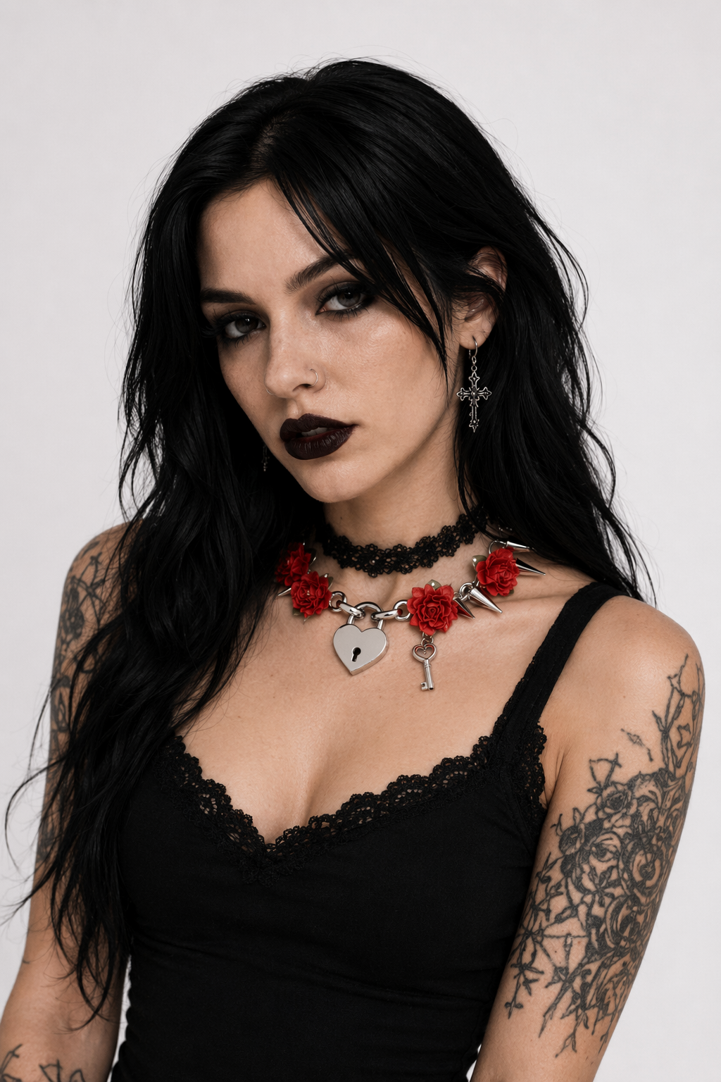 Edgy Floral Choker with Spiky Design and Heart Locket Key Red Flower Silver