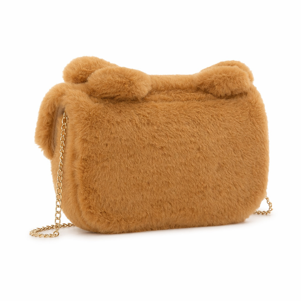 Baby Bear Fur Handbag with Cute Embroidered Teddy Bear Face Brown