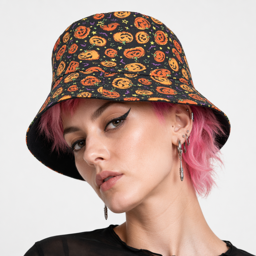 Creepy Cute Jack-o-Lantern Pumpkin Bucket Hat for Halloween Kawaii Style Default Title