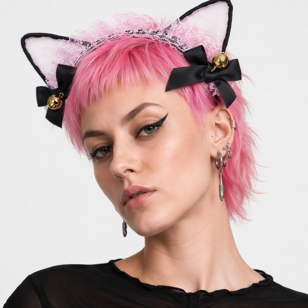 Cute Cat Ear Headband with Gold Bells and Lace Embellishments Pink
