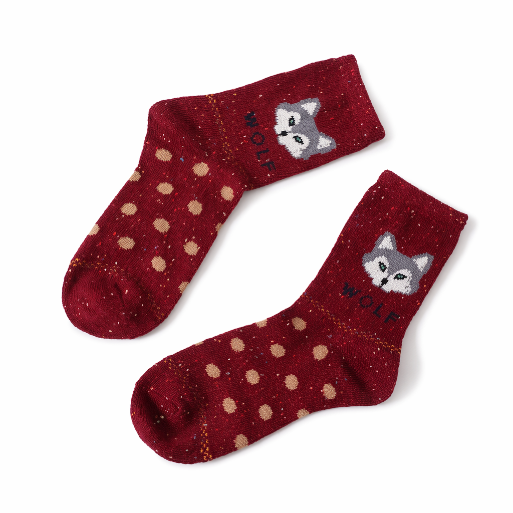 Snow Fox Christmas Socks with Embroidered Design and Vibrant Colors Red Wolf