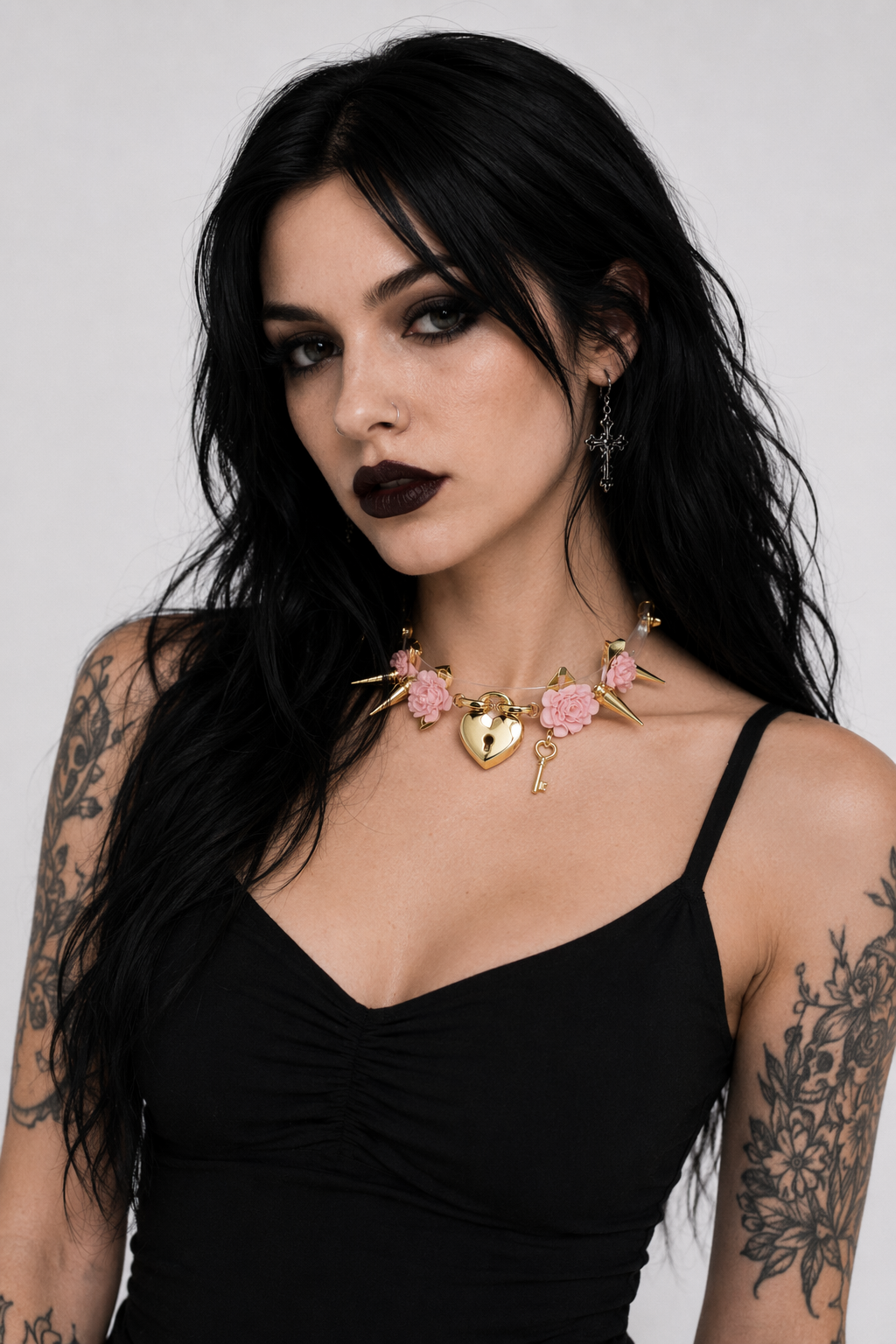 Edgy Floral Choker with Spiky Design and Heart Locket Key Pink Flower Gold