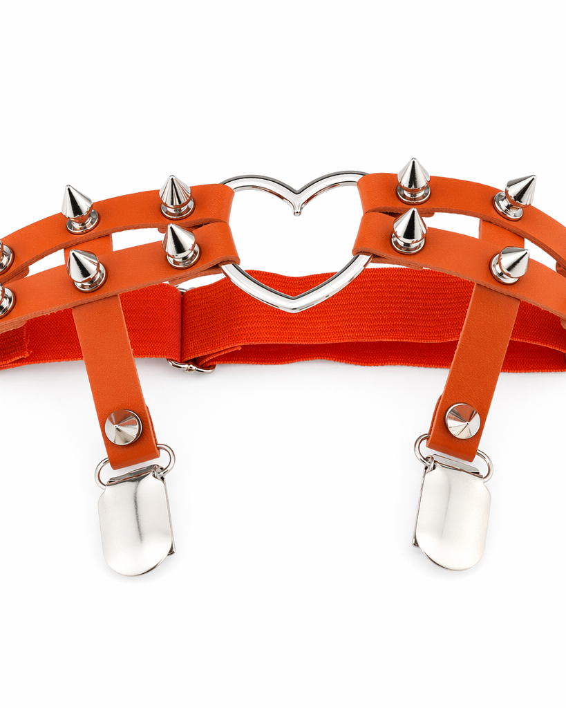 Spiky Garter Belt with Punk Rock Style and Metal Heart Orange