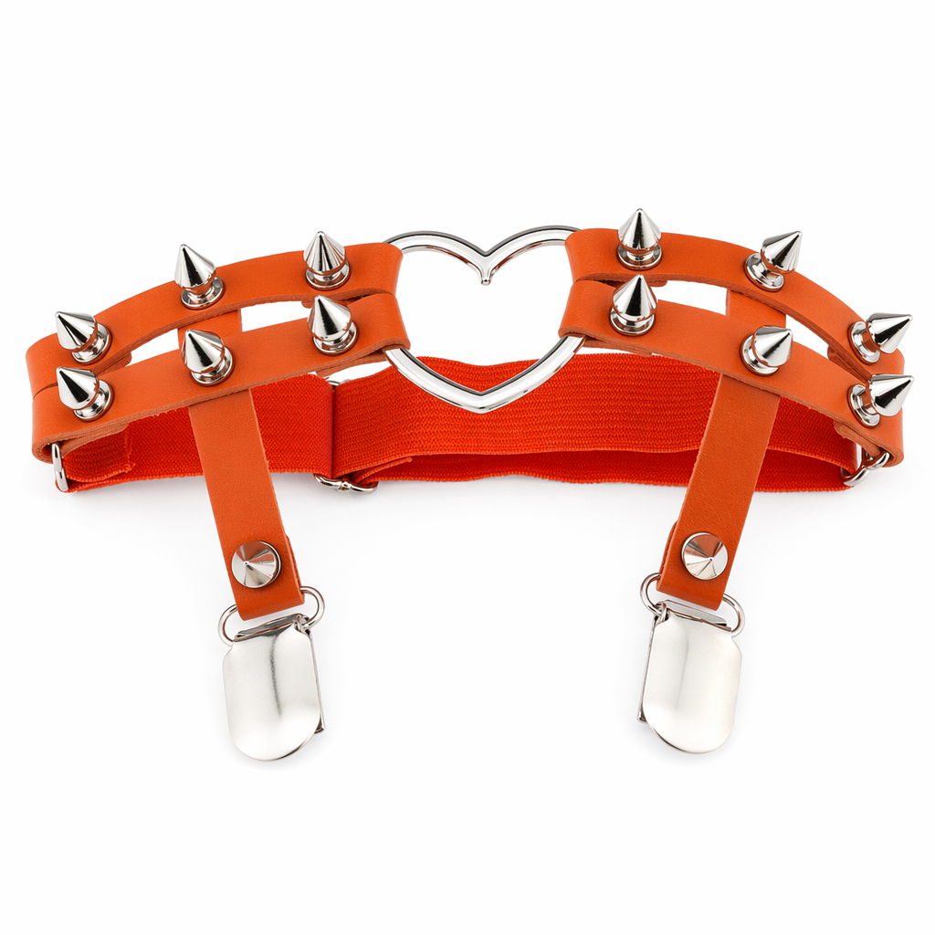 Spiky Garter Belt with Punk Rock Style and Metal Heart Orange