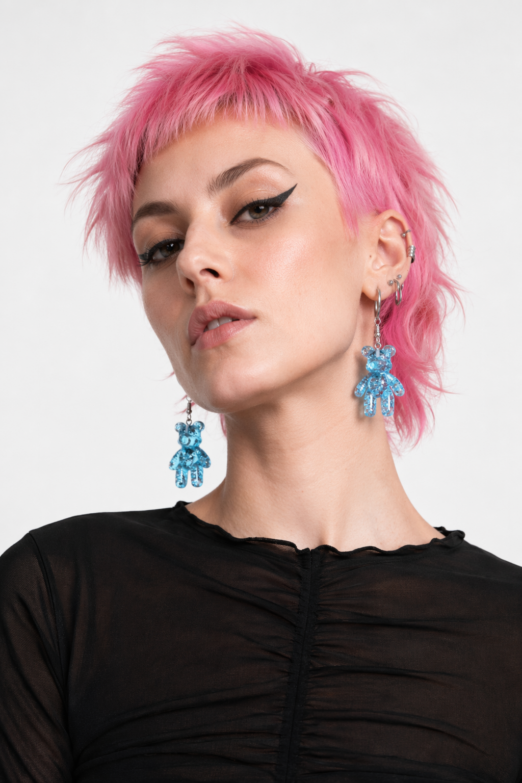 Kawaii Large Bear Earrings in Bright Glittery Colors Blue