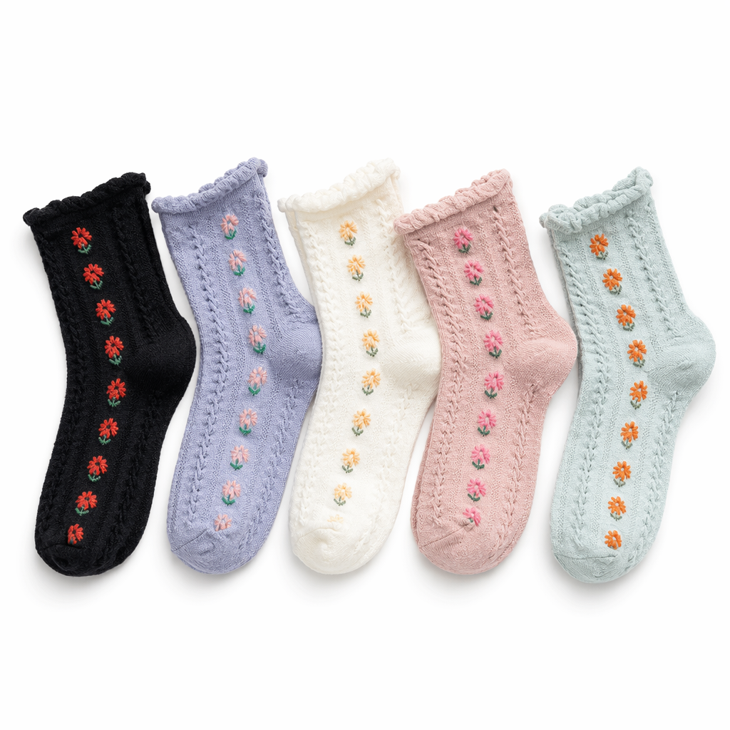 Pink Vintage Floral Socks for Kawaii and Fairycore Styles Set7-Lovely flowers