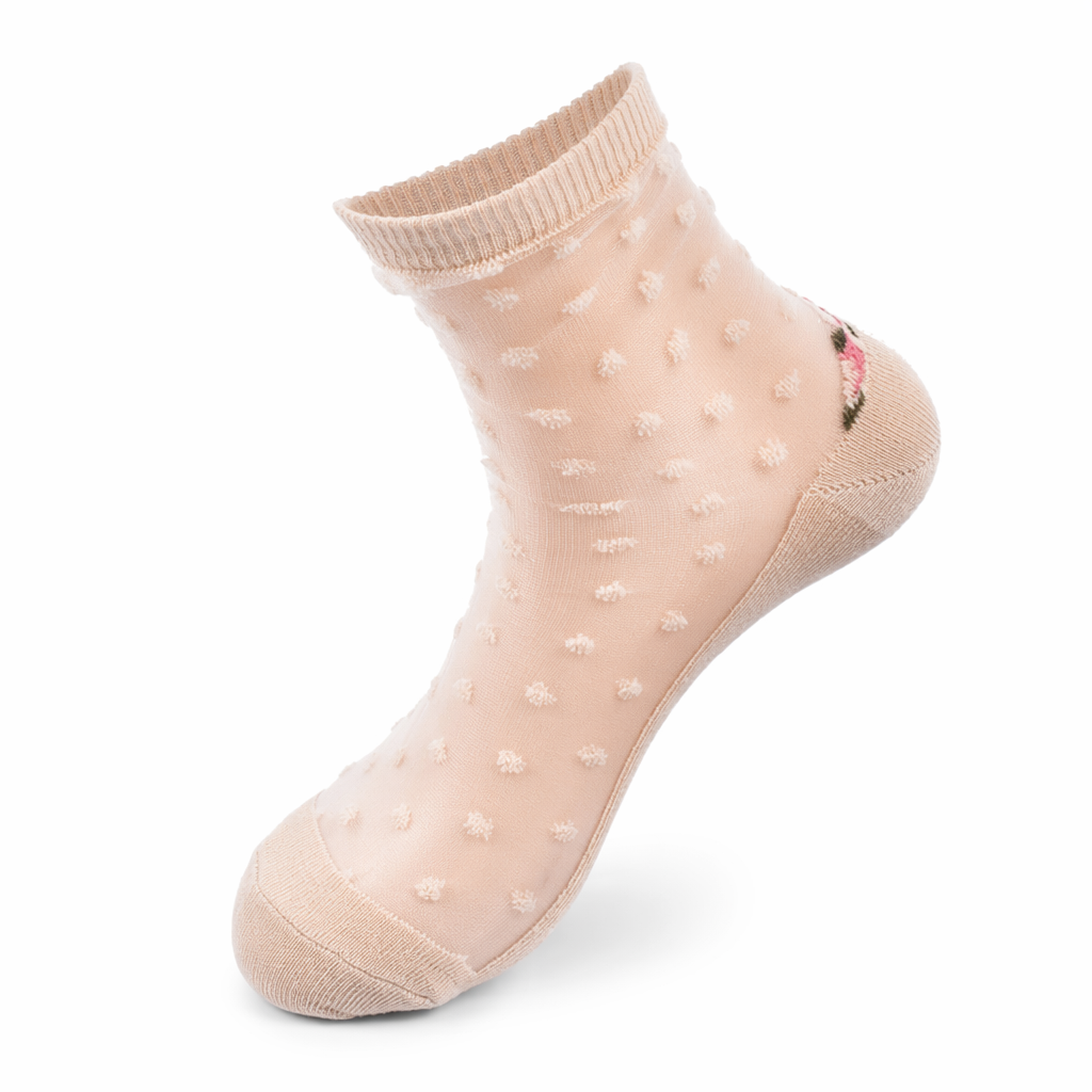 Floral Socks in Transparent Nylon for Cute Style Beige Polkadot