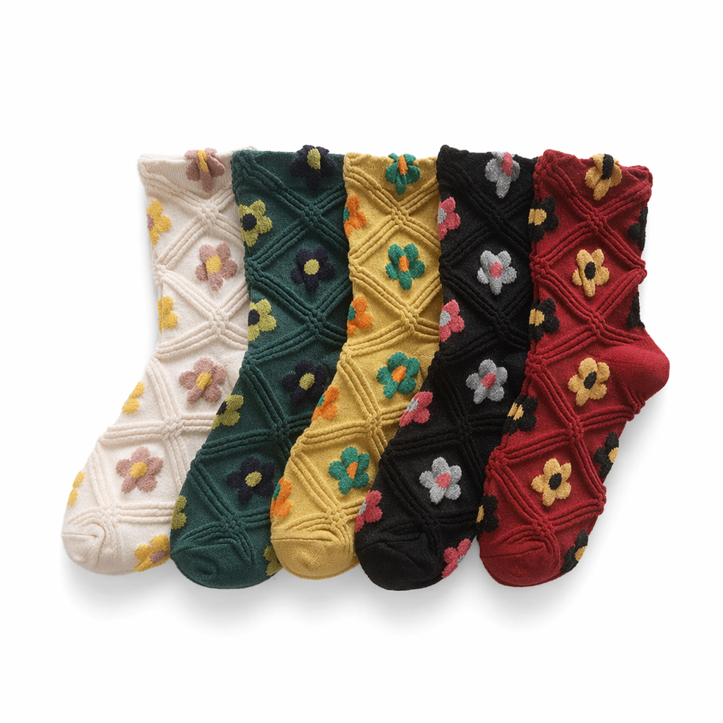 Pink Vintage Floral Socks for Kawaii and Fairycore Styles Set8-Big flowers