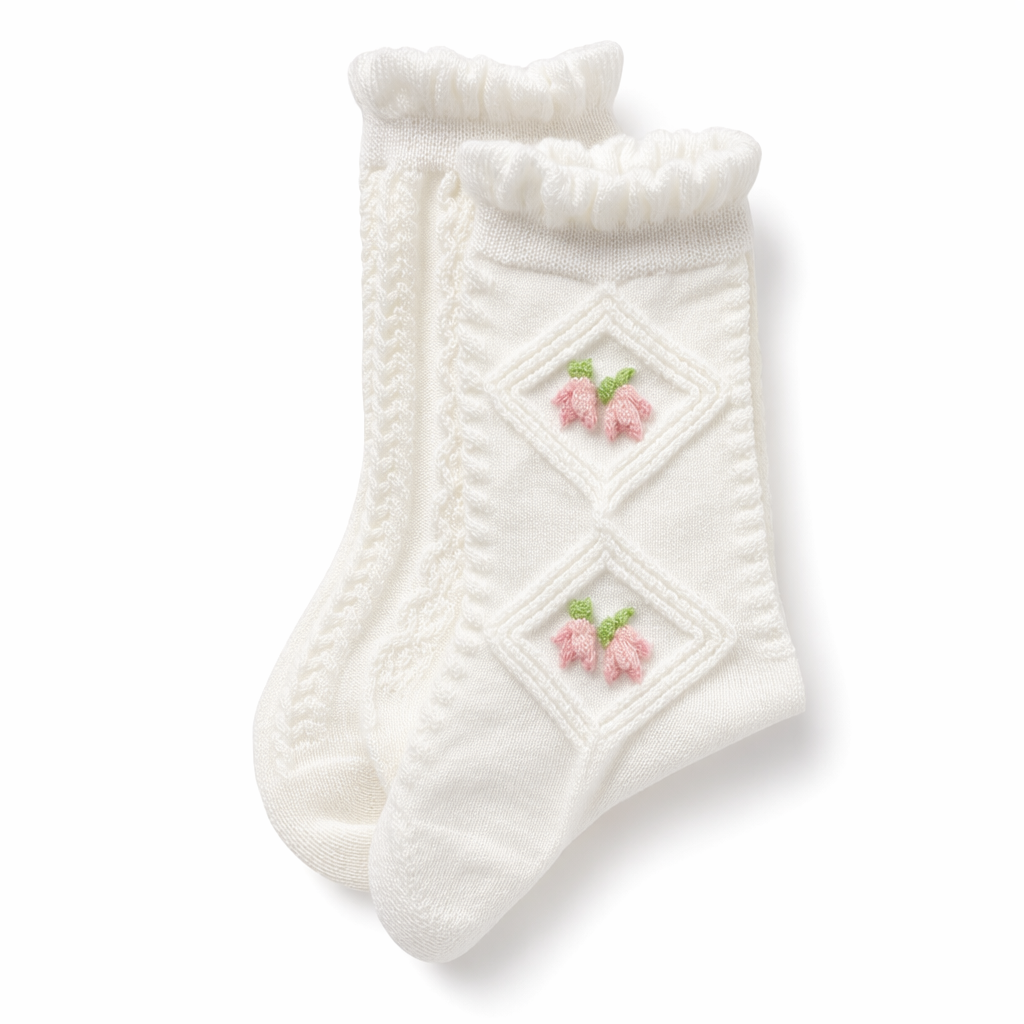 Textured Angelic Socks with Knit Detailing and Rosebud Embellishments No2