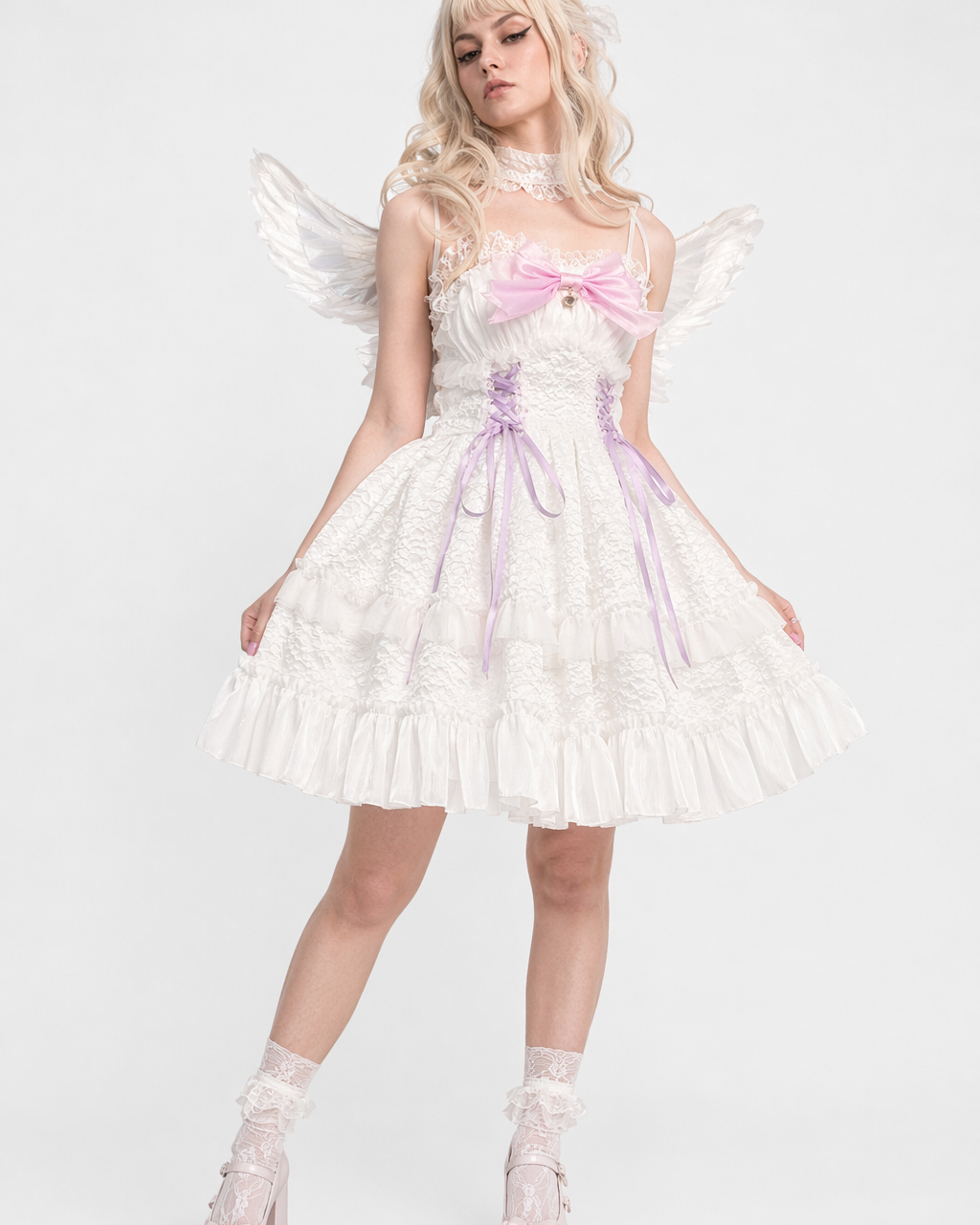 Ethereal Princess Lace Dress with Ruffles and Bows White Purple