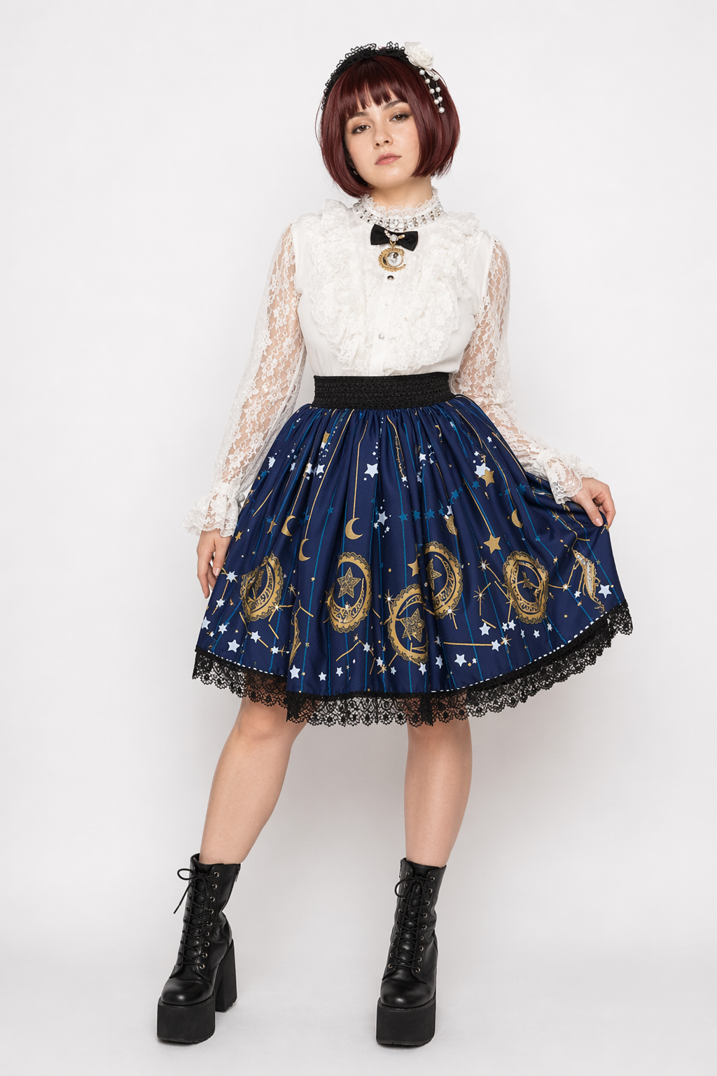 Gothic Lolita Steampunk Skirt with Ruffles and Constellation Print S