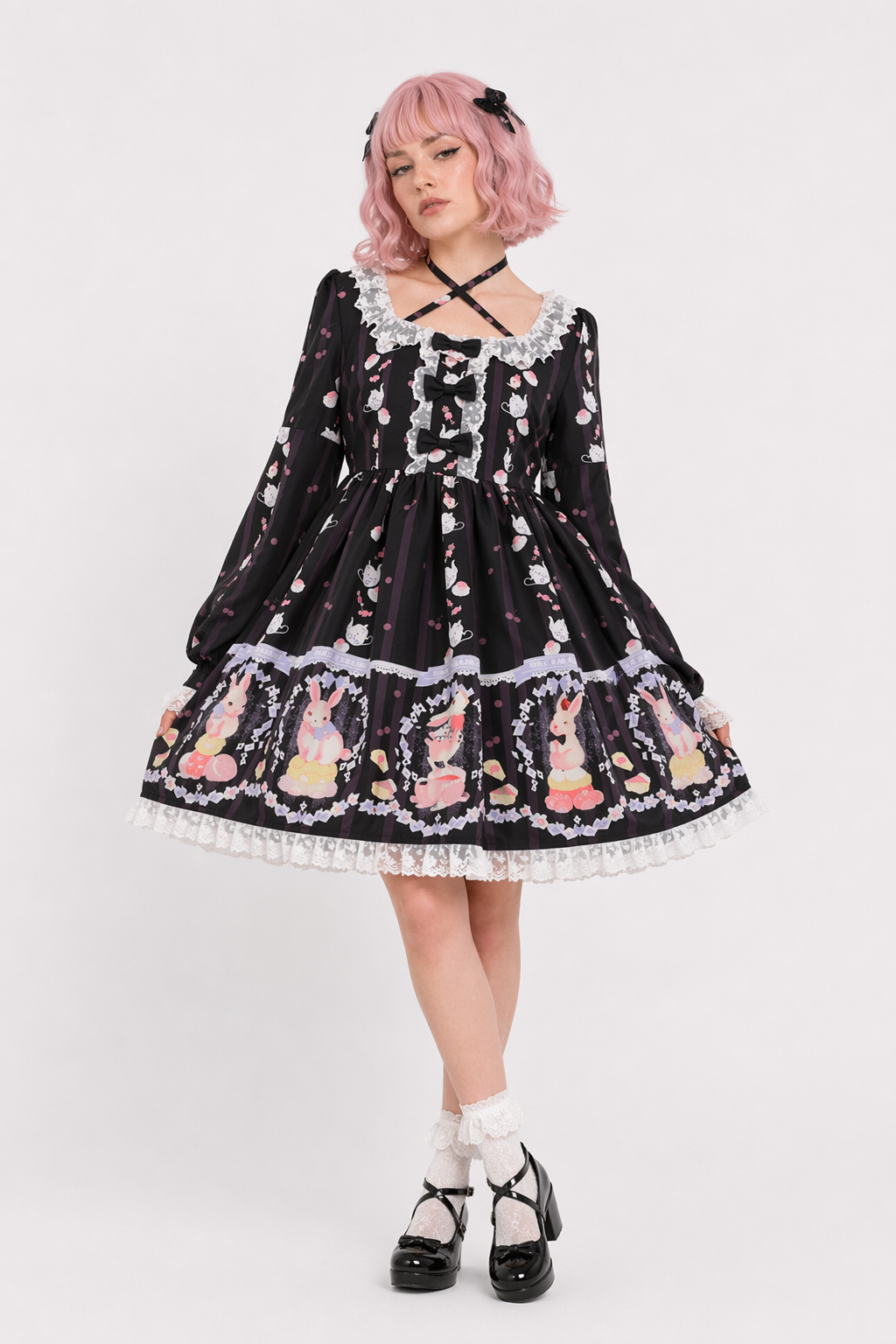 Pastel Bunny Rabbit Tea Party Lolita Dress Black