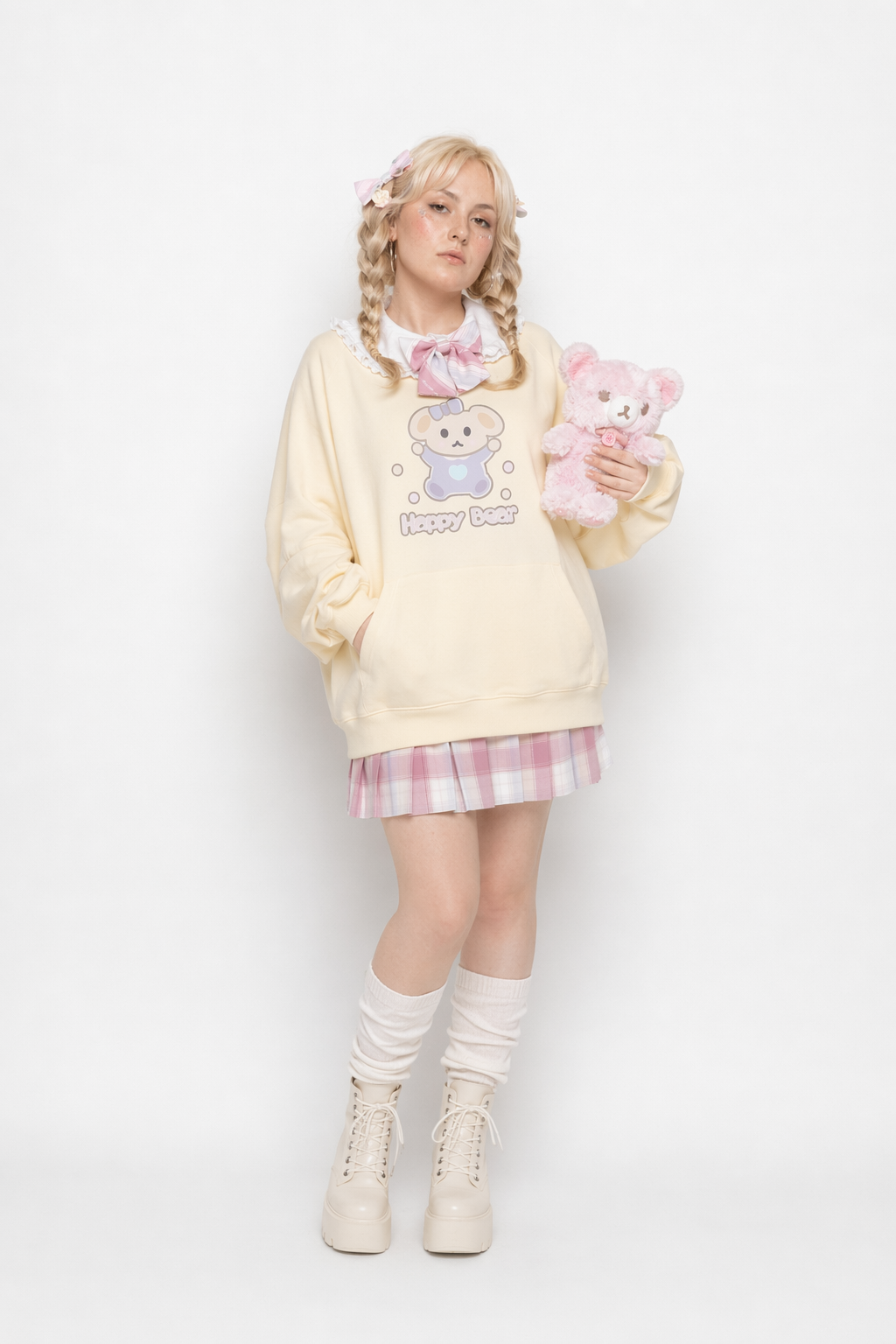 Pastel Yellow Bear Hoodie with Cozy Pouch and Cute Details L