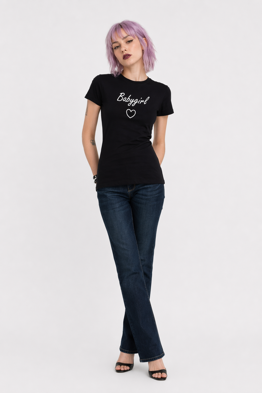Black and White Baby Girl Tee with Heart Graphic Black
