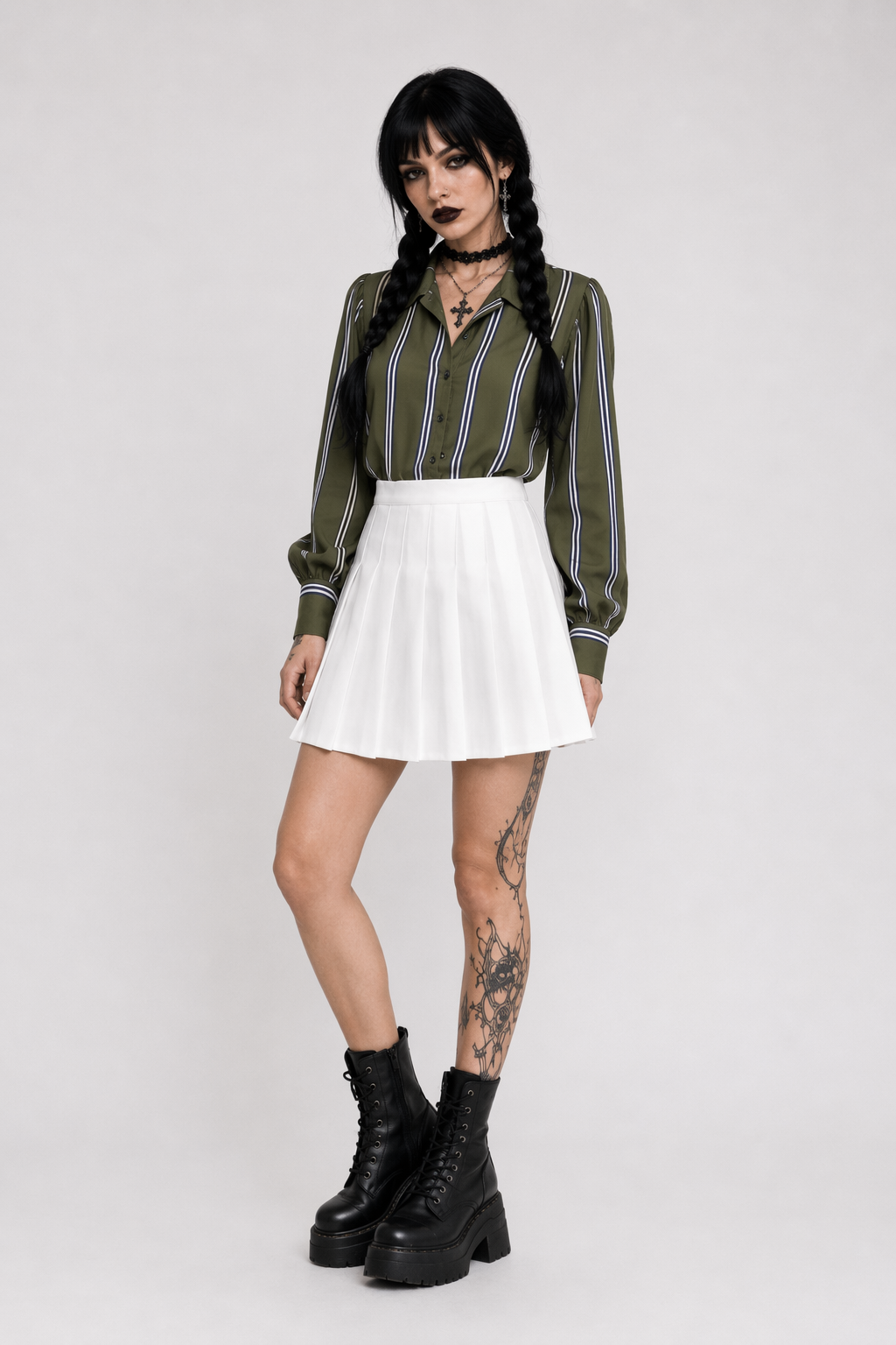 Plaid and Solid Color School Girl Skirt in Plus Sizes Org InStock 40cm Length White
