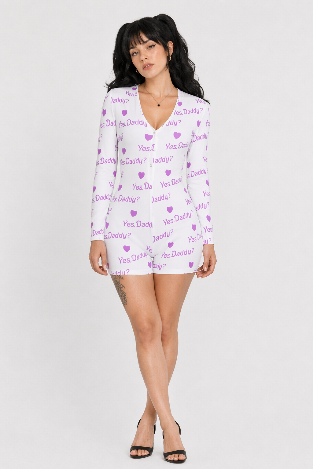 Yes Daddy Long-Sleeve Romper in Black and White White