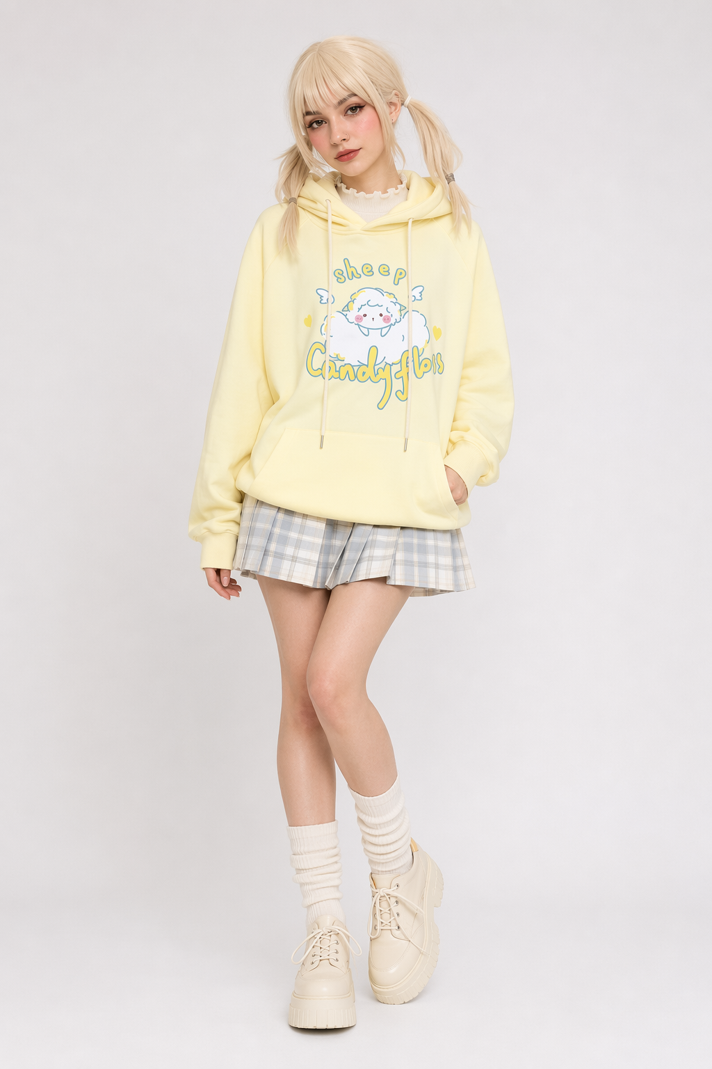 Kawaii Pastel Yellow Baby Sheep Hoodie with Angel Wings S