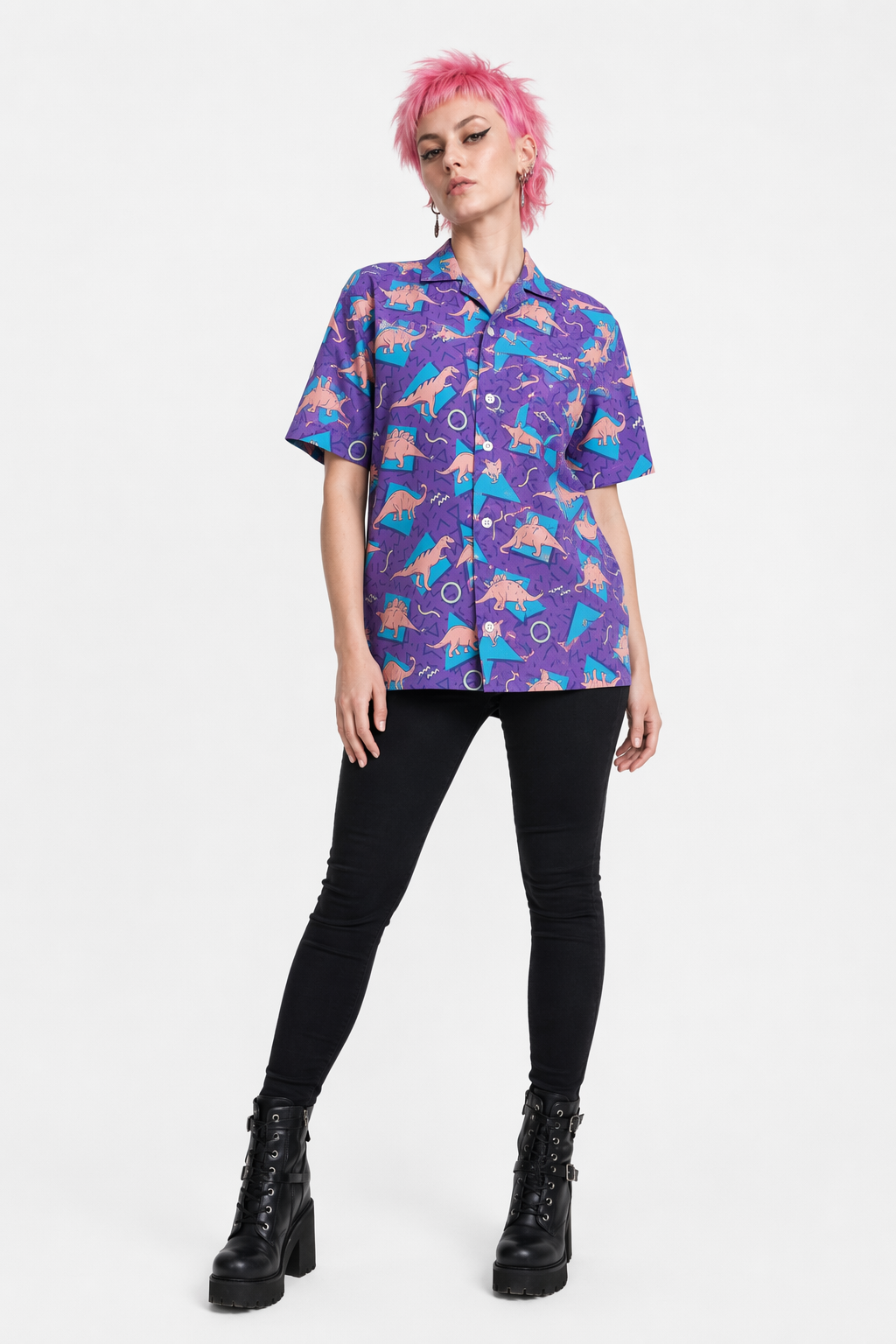 Purple and Blue Dinosaur Button Up Retro 90s Dino Tee XL