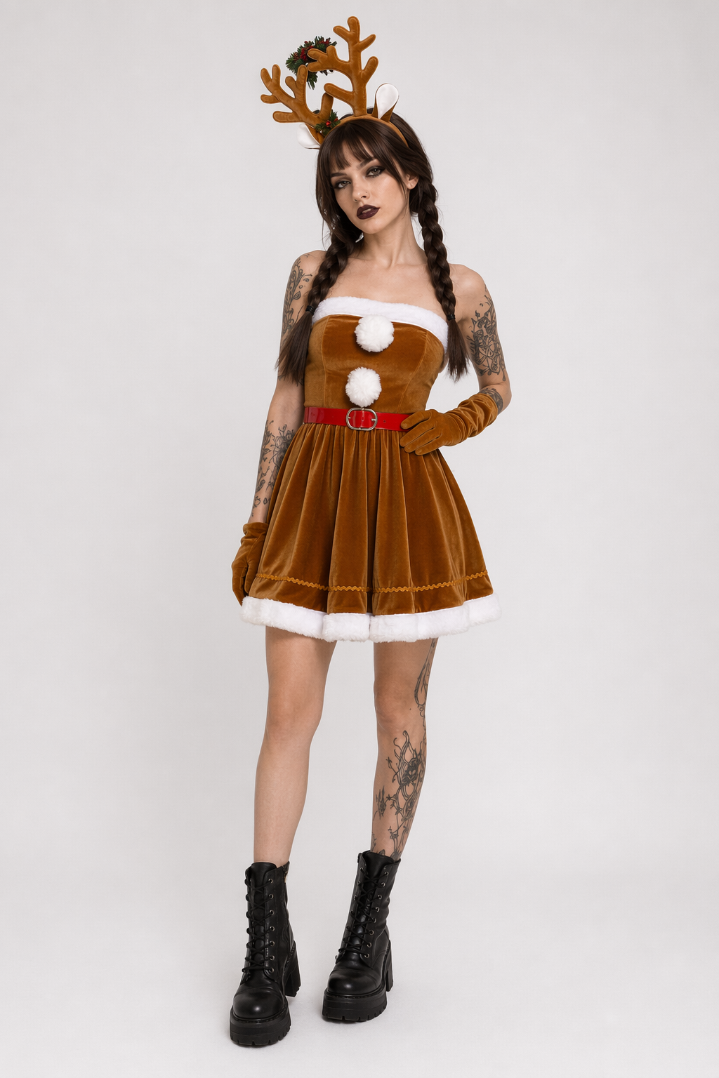 Soft Brown Reindeer-Inspired Holiday Dress and Cosplay Set Without Shawl