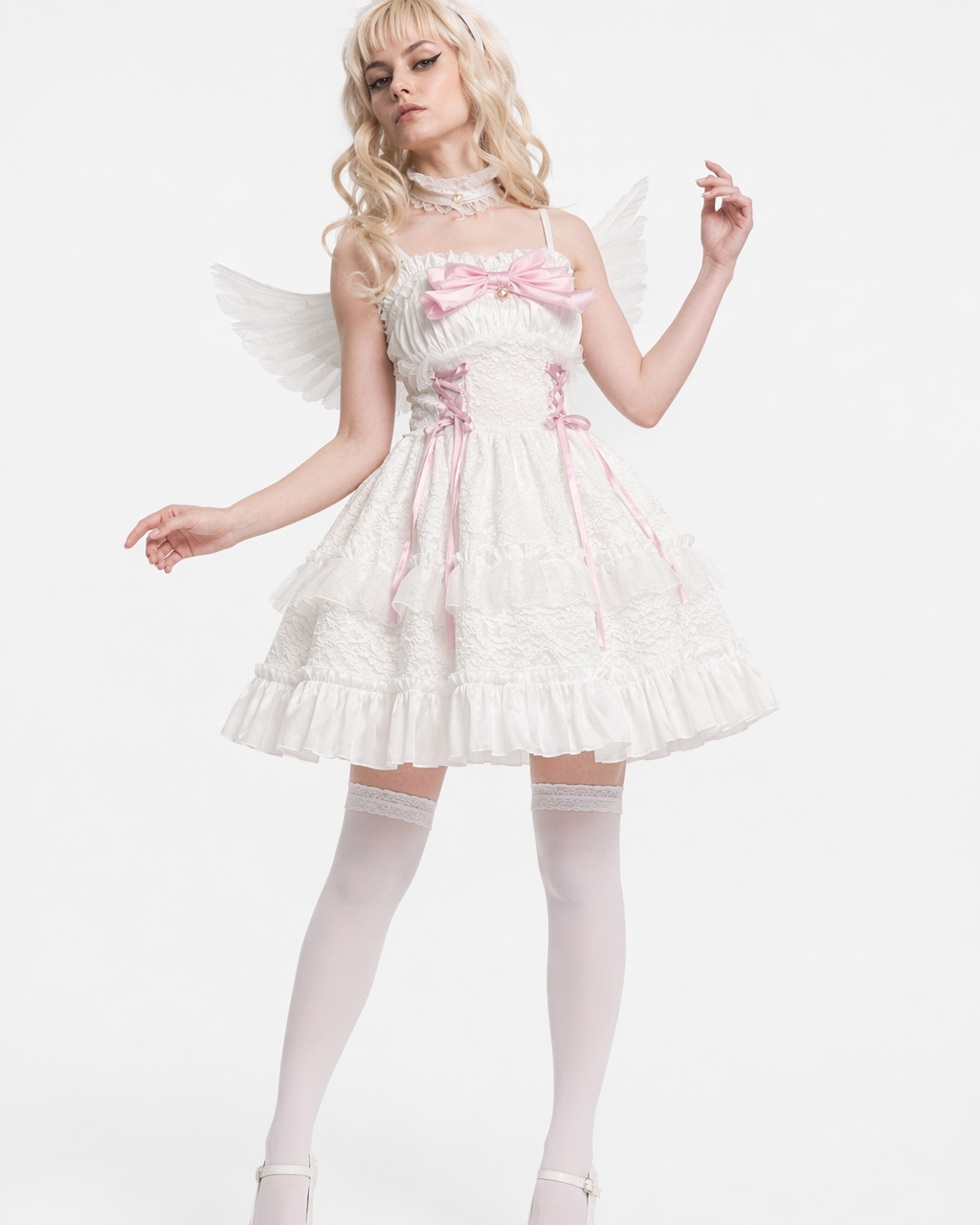 Ethereal Princess Lace Dress with Ruffles and Bows White Pink