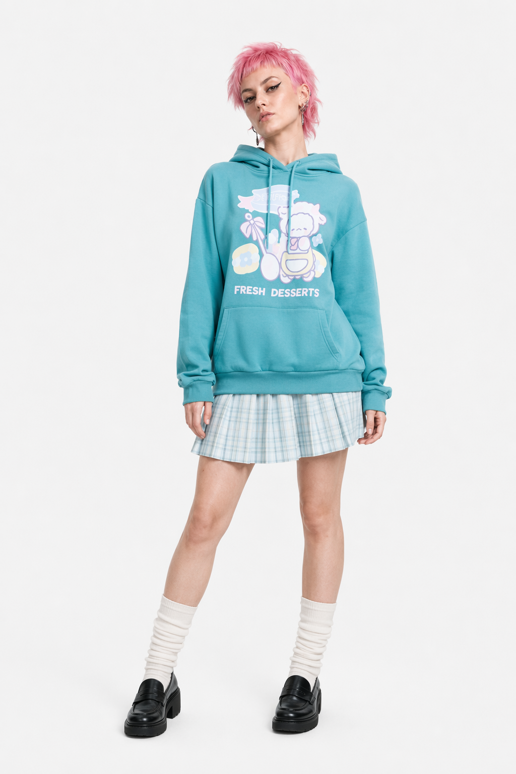 Kawaii Baby Lamb Dessert Hoodie with Sweet Details in Pastel Colors Teal