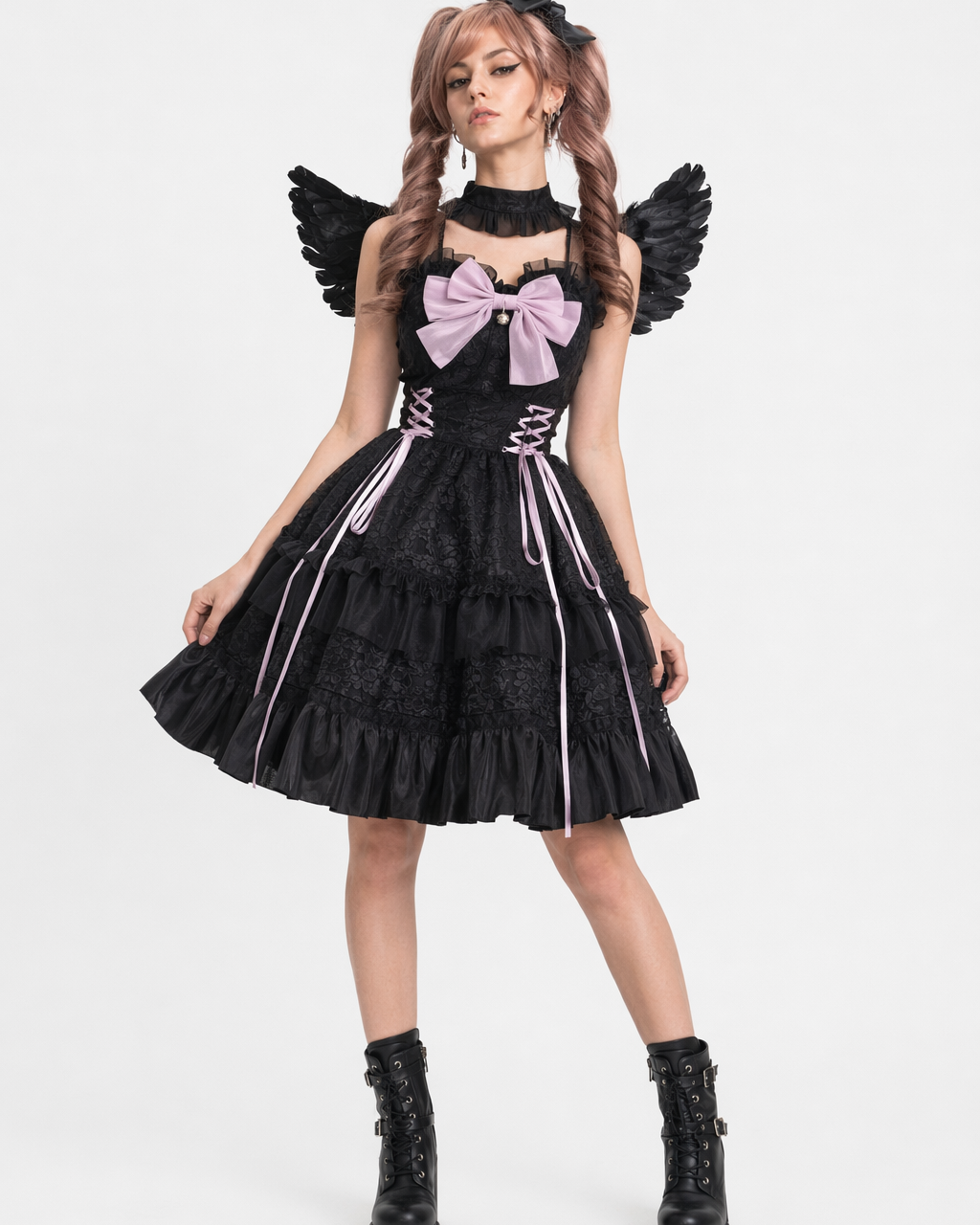 Ethereal Princess Lace Dress with Ruffles and Bows Black Purple