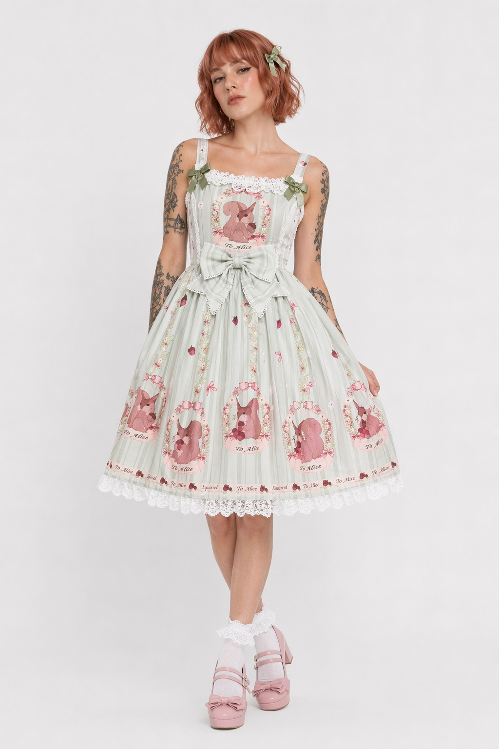 Gorgeous Lolita Dress with Squirrel Cameo in Various Colors and Sleeves green sleeveless