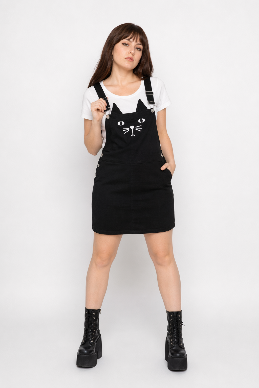 Adorable Black Jean Romper with Neko Cat Face Design S