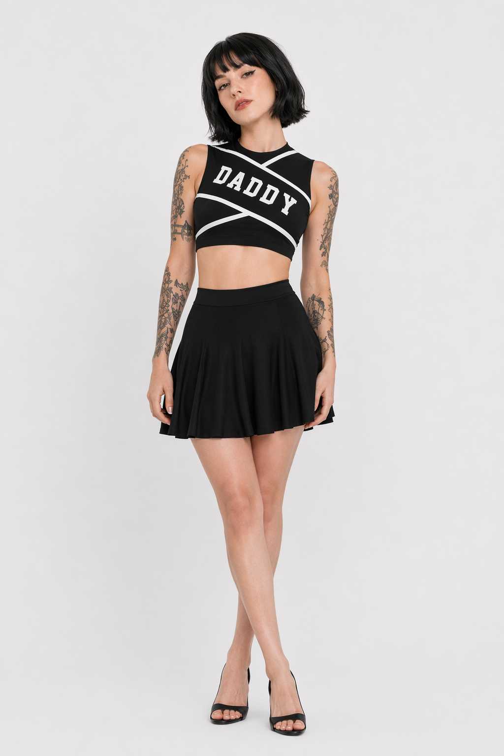 Cute Cheerleader Outfit with Belly Shirt and Matching Skirt Black