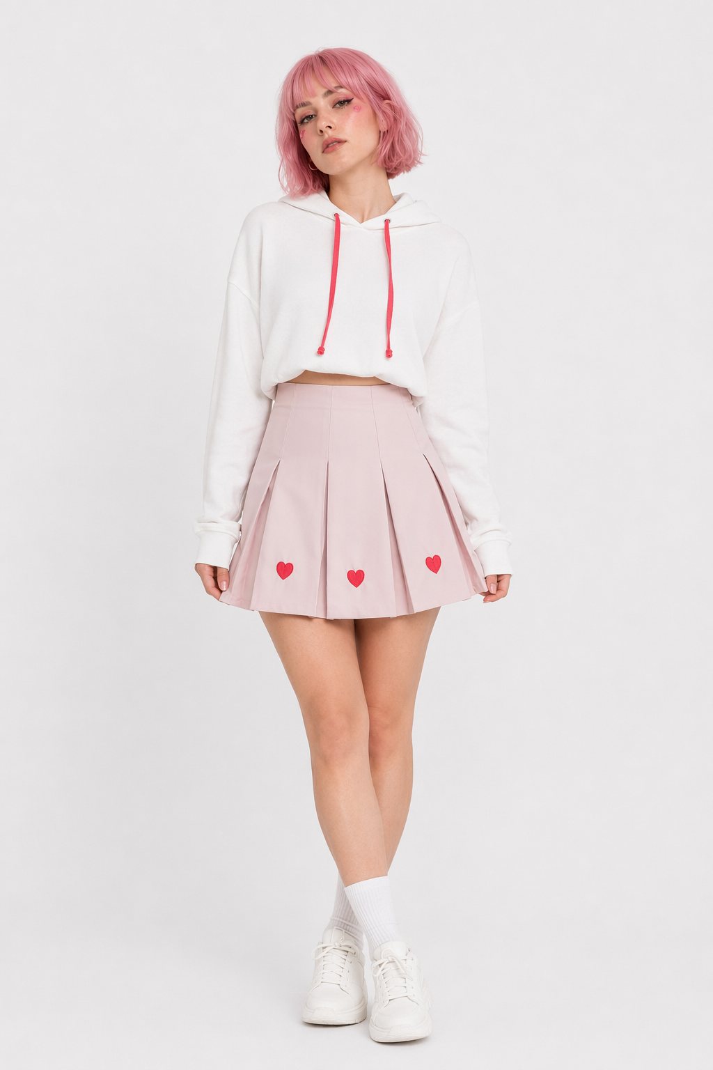 Kawaii School Girl Tennis Skirt with Heart Embroidery Details Pink