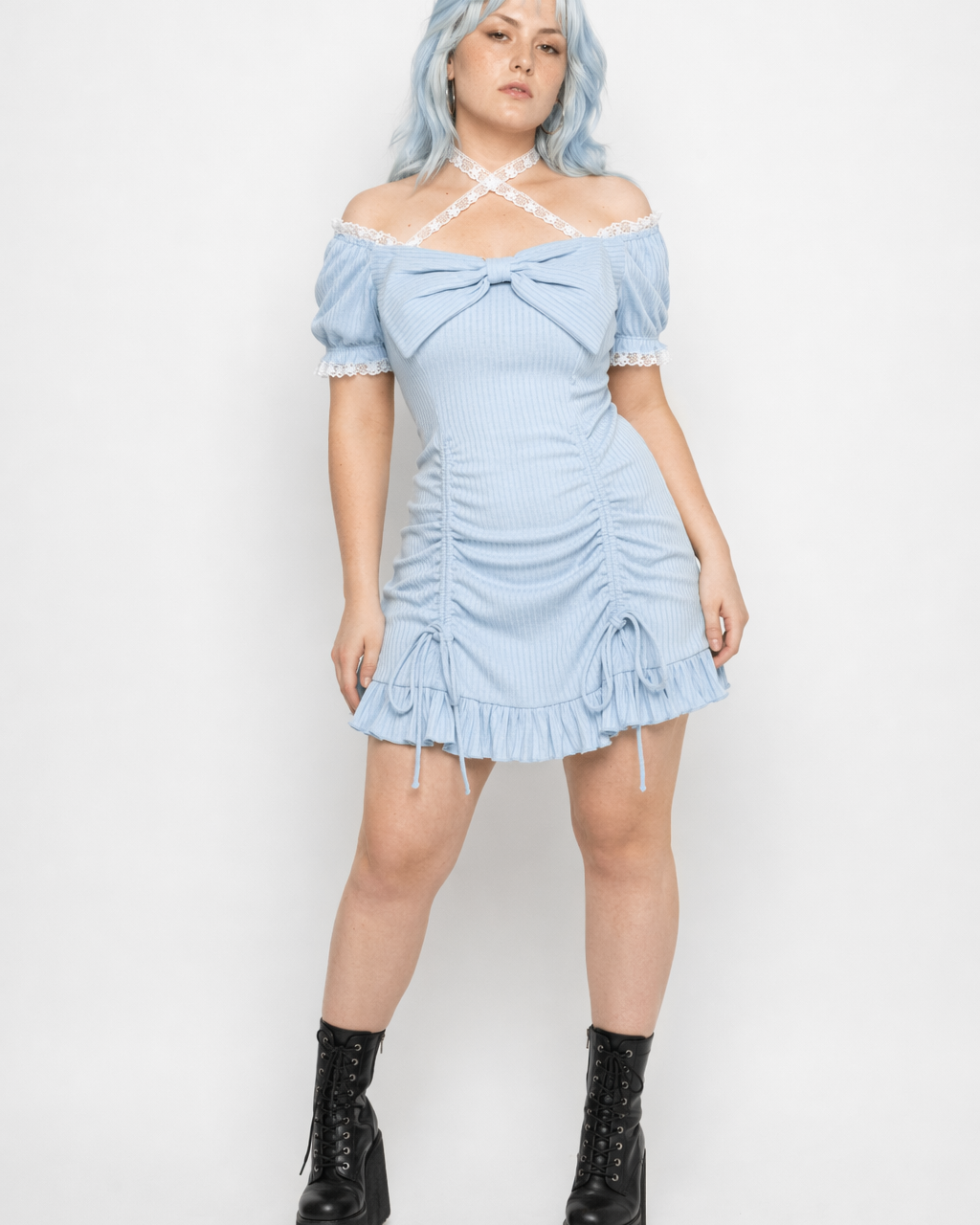 Baby Blue Lace Embellished Sweater Dress with Ruffled Trim M