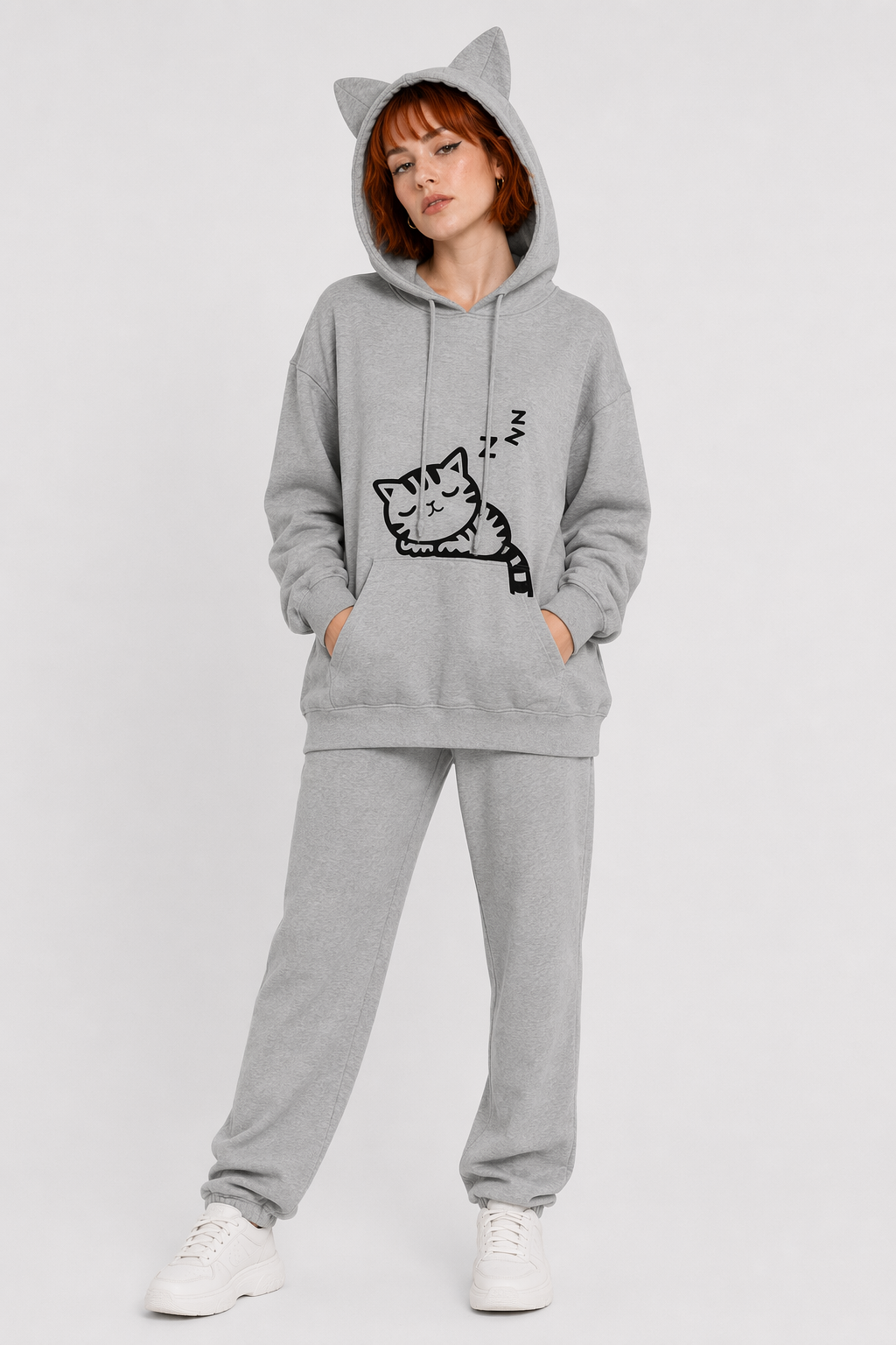 Cozy Kitten Pullover Hoodie for Sleepy Cat Lovers Grey